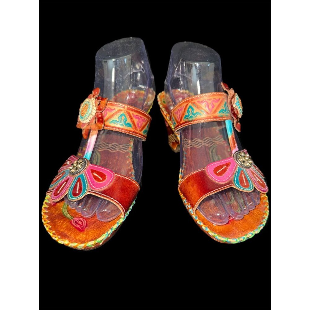 Corkys Elite Women’s Size 8 Floral Jamaica Bohemian Boho Brown Pink Leather Shoe